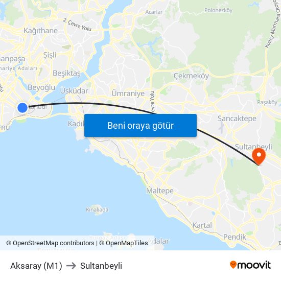 Aksaray (M1) to Sultanbeyli map