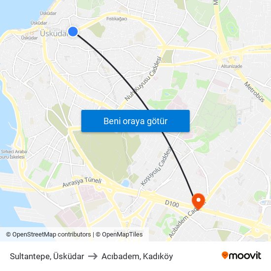 Sultantepe, Üsküdar to Acıbadem, Kadıköy map