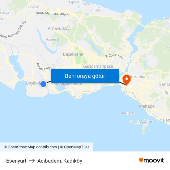 Esenyurt to Acıbadem, Kadıköy map