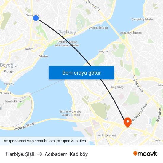 Harbiye, Şişli to Acıbadem, Kadıköy map