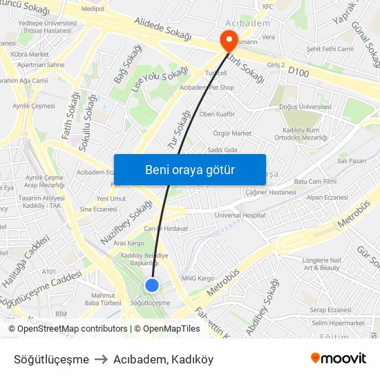 Söğütlüçeşme to Acıbadem, Kadıköy map