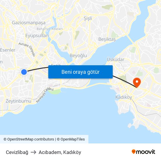 Cevizlibağ to Acıbadem, Kadıköy map