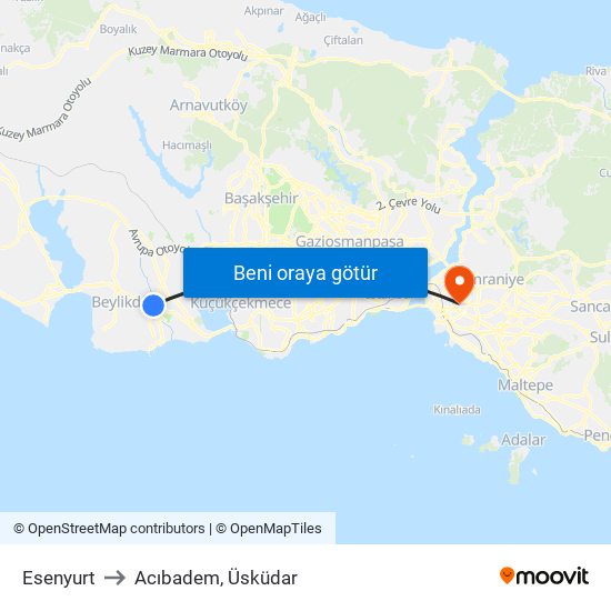 Esenyurt to Acıbadem, Üsküdar map