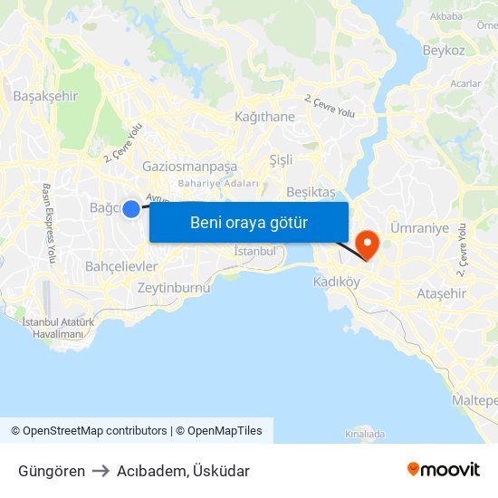 Güngören to Acıbadem, Üsküdar map