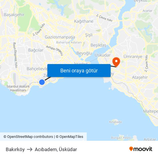 Bakırköy to Acıbadem, Üsküdar map