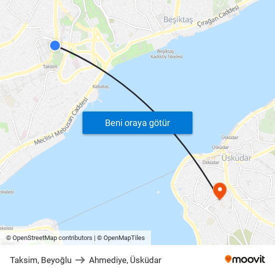 Taksim, Beyoğlu to Ahmediye, Üsküdar map