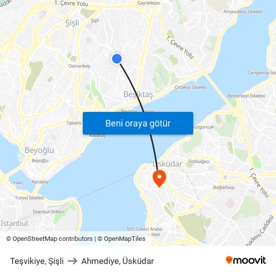 Teşvikiye, Şişli to Ahmediye, Üsküdar map