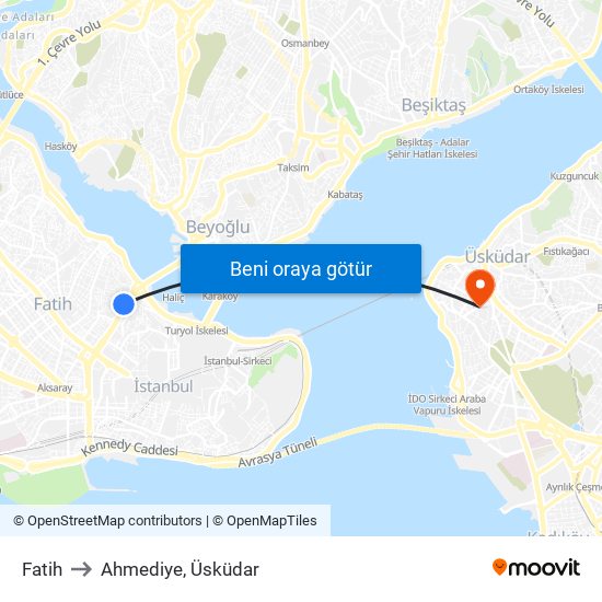 Fatih to Ahmediye, Üsküdar map