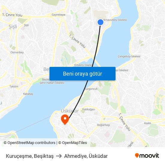 Kuruçeşme, Beşiktaş to Ahmediye, Üsküdar map