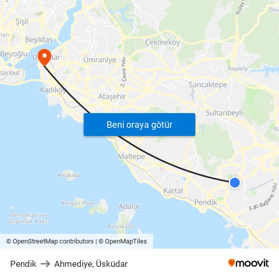 Pendik to Ahmediye, Üsküdar map