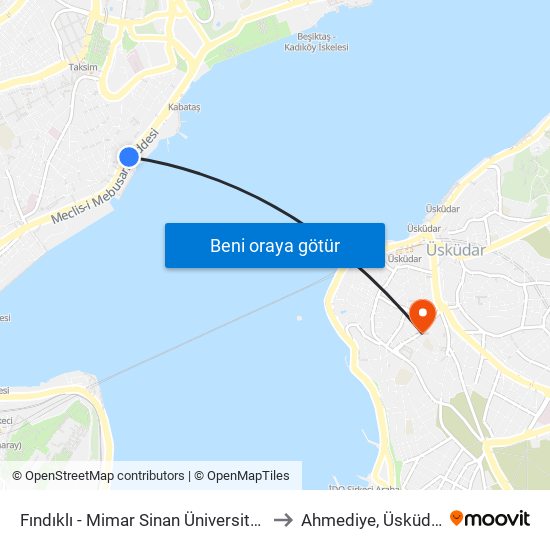 Fındıklı - Mimar Sinan Üniversitesi to Ahmediye, Üsküdar map