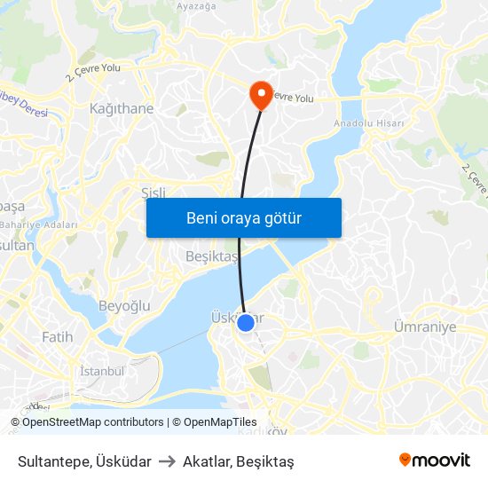 Sultantepe, Üsküdar to Akatlar, Beşiktaş map