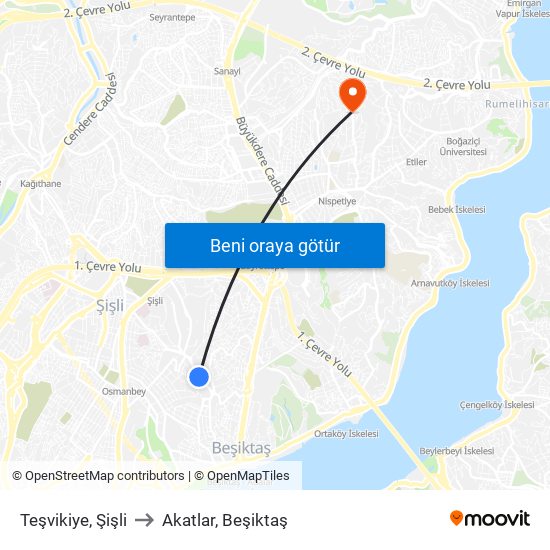 Teşvikiye, Şişli to Akatlar, Beşiktaş map