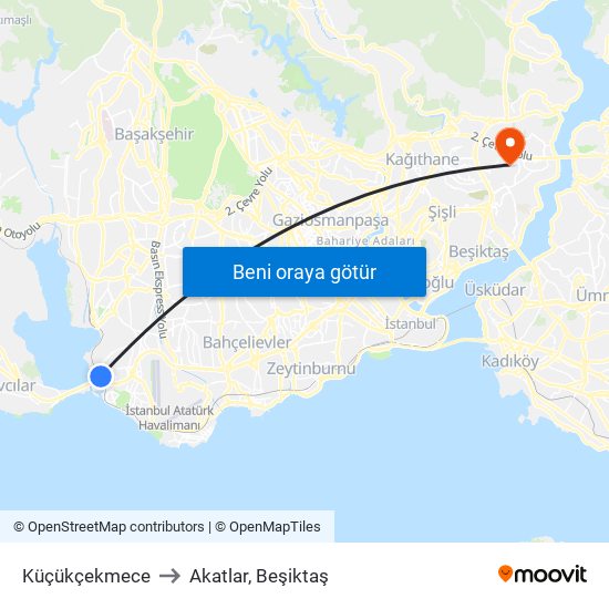 Küçükçekmece to Akatlar, Beşiktaş map