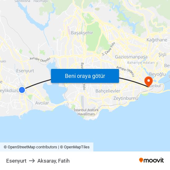 Esenyurt to Aksaray, Fatih map