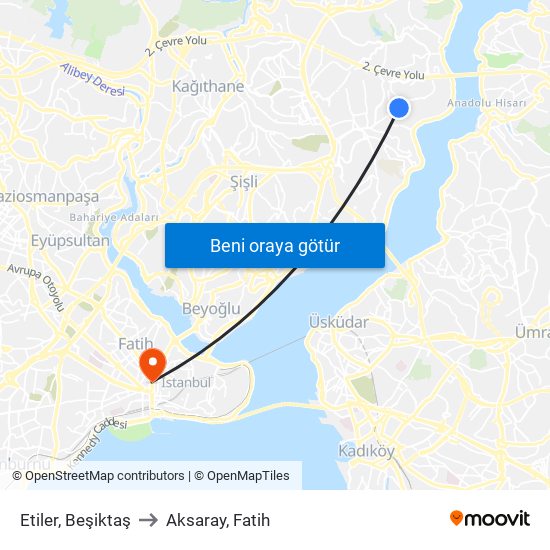 Etiler, Beşiktaş to Aksaray, Fatih map