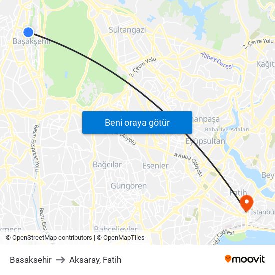 Basaksehir to Aksaray, Fatih map