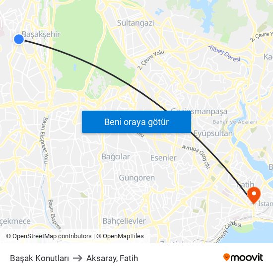 Başak Konutları to Aksaray, Fatih map