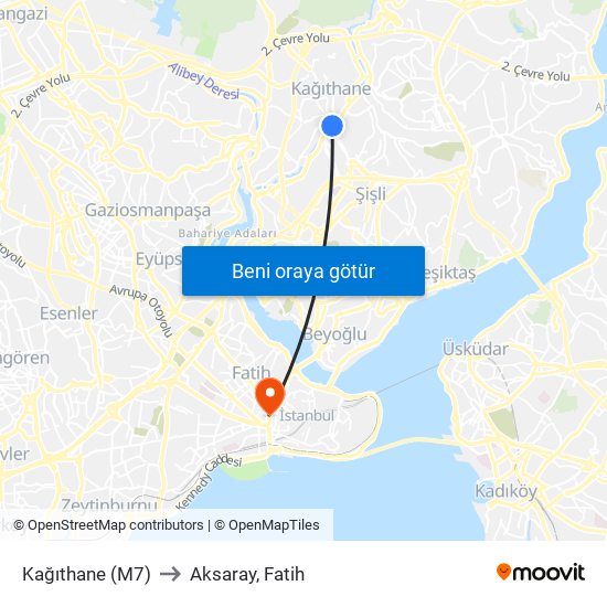 Kağıthane (M7) to Aksaray, Fatih map