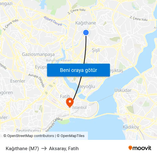 Kağıthane (M7) to Aksaray, Fatih map