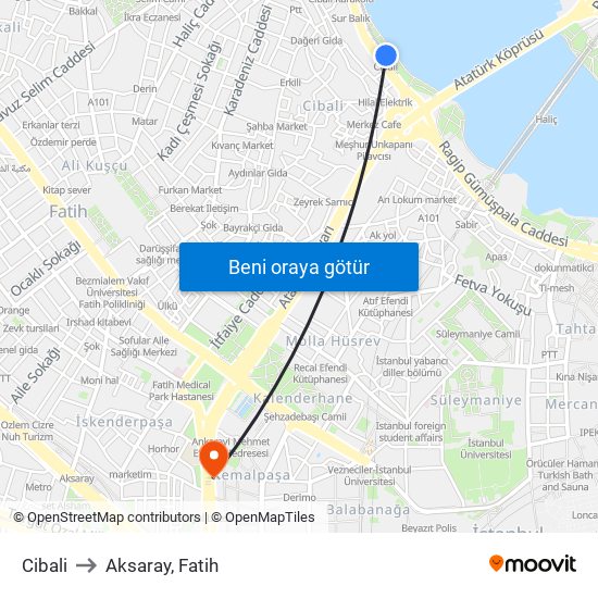 Cibali to Aksaray, Fatih map