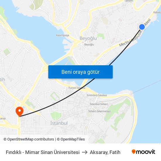 Fındıklı - Mimar Sinan Üniversitesi to Aksaray, Fatih map