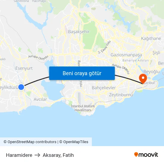 Haramidere to Aksaray, Fatih map