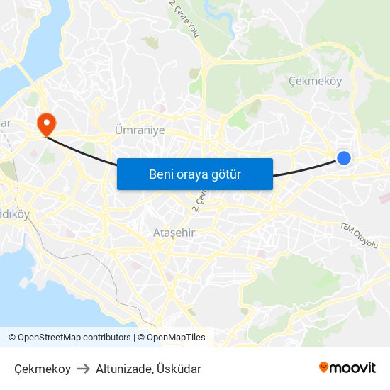 Çekmekoy to Altunizade, Üsküdar map