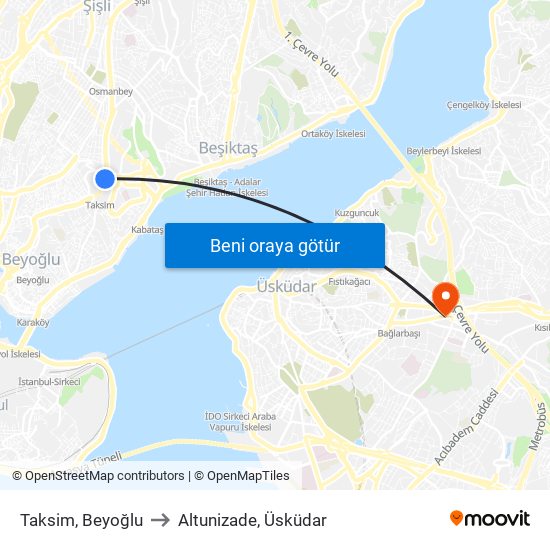 Taksim, Beyoğlu to Altunizade, Üsküdar map