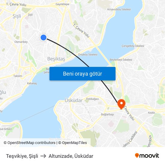 Teşvikiye, Şişli to Altunizade, Üsküdar map