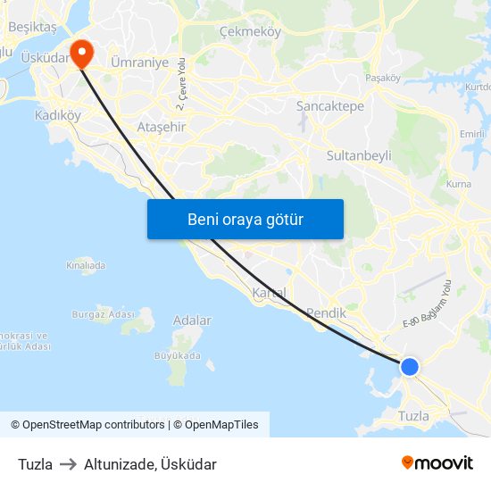 Tuzla to Altunizade, Üsküdar map