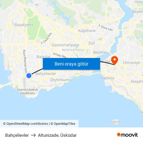Bahçelievler to Altunizade, Üsküdar map