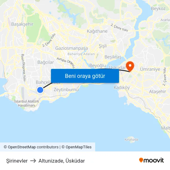 Şirinevler to Altunizade, Üsküdar map