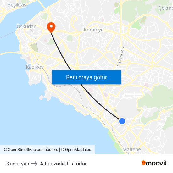 Küçükyalı to Altunizade, Üsküdar map