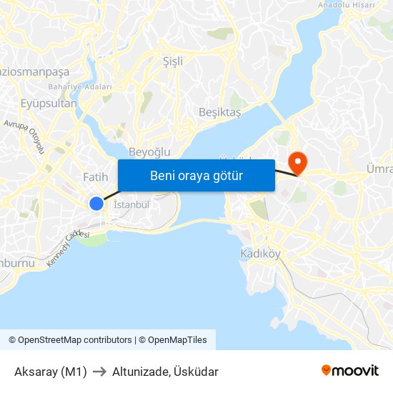 Aksaray (M1) to Altunizade, Üsküdar map