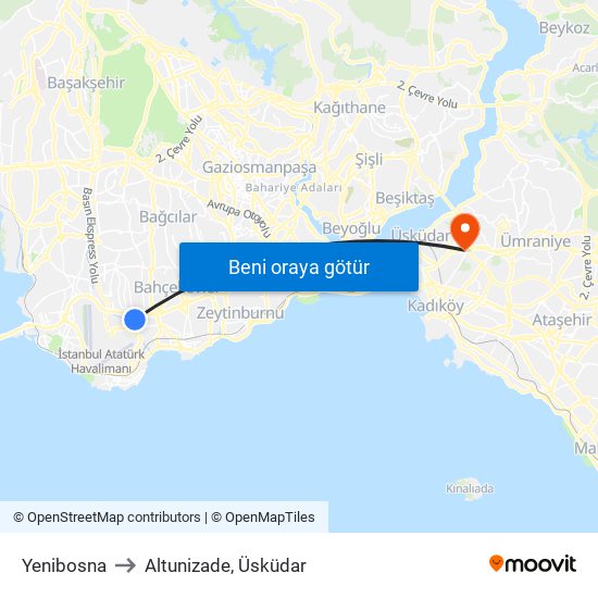 Yenibosna to Altunizade, Üsküdar map