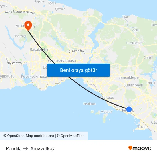 Pendik to Arnavutkoy map