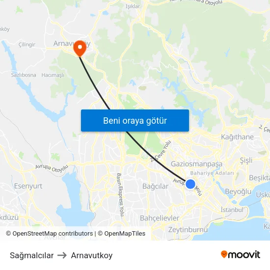 Sağmalcılar to Arnavutkoy map