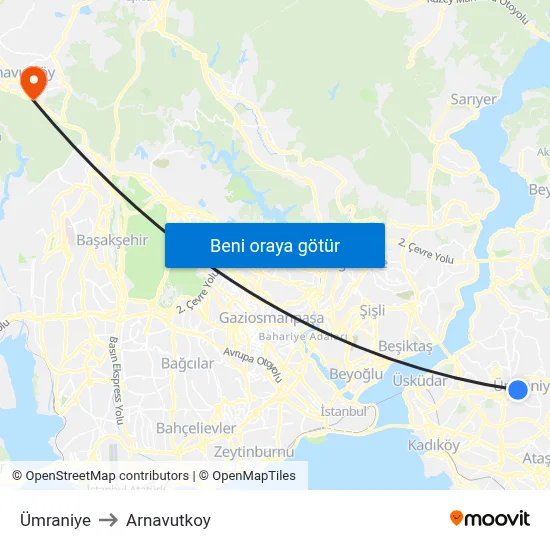Ümraniye to Arnavutkoy map