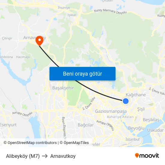 Alibeyköy (M7) to Arnavutkoy map