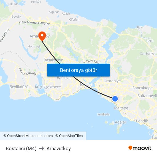 Bostancı (M4) to Arnavutkoy map