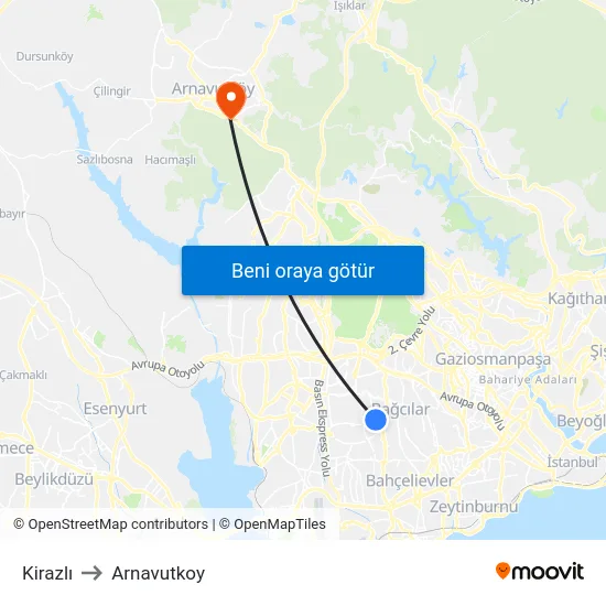 Kirazlı to Arnavutkoy map