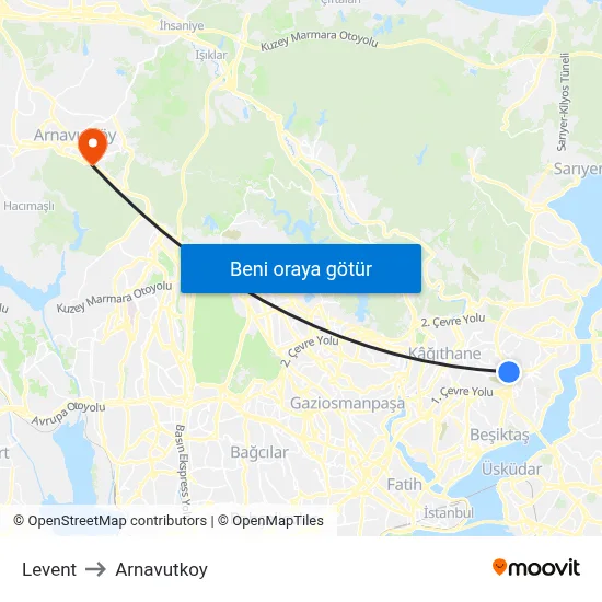 Levent to Arnavutkoy map