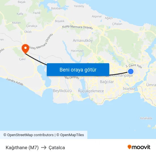Kağıthane (M7) to Çatalca map