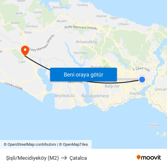 Şişli/Mecidiyeköy (M2) to Çatalca map