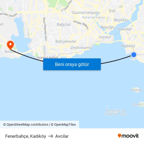 Fenerbahçe, Kadıköy to Avcilar map