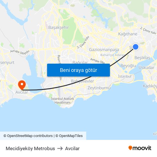 Mecidiyeköy Metrobus to Avcilar map