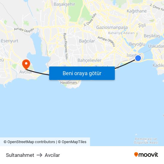 Sultanahmet to Avcilar map