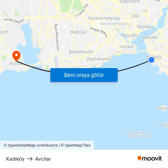 Kadıköy to Avcilar map