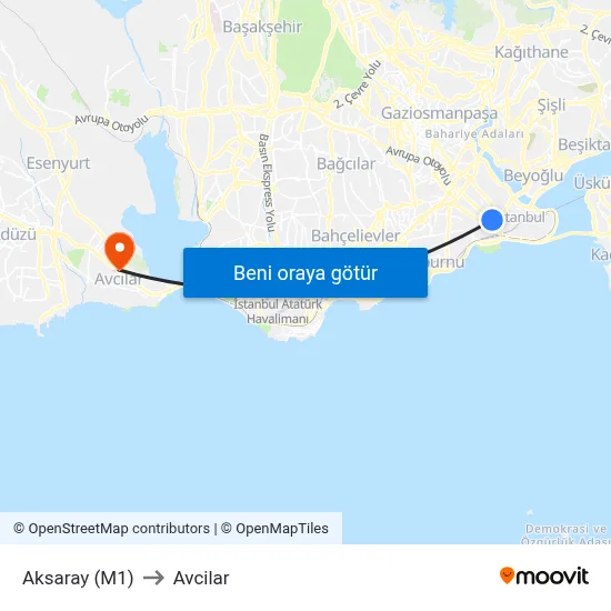 Aksaray (M1) to Avcilar map